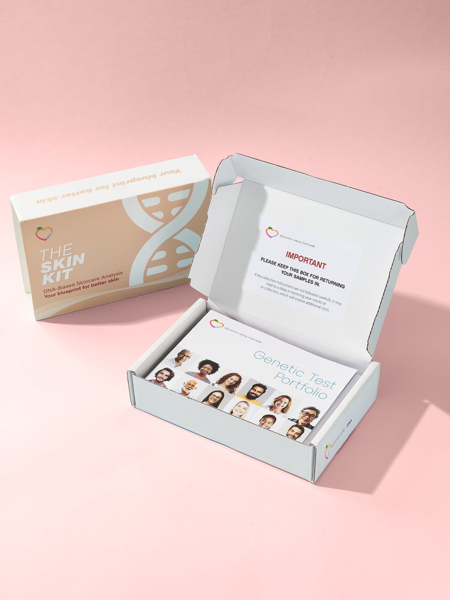 The Skin Kit DNA test box shown closed and open, revealing the Genetic Test Portfolio and return packaging