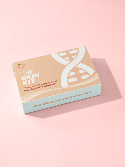 The Skin Kit DNA-based skincare test box by Peachy Healthcare on a pink background