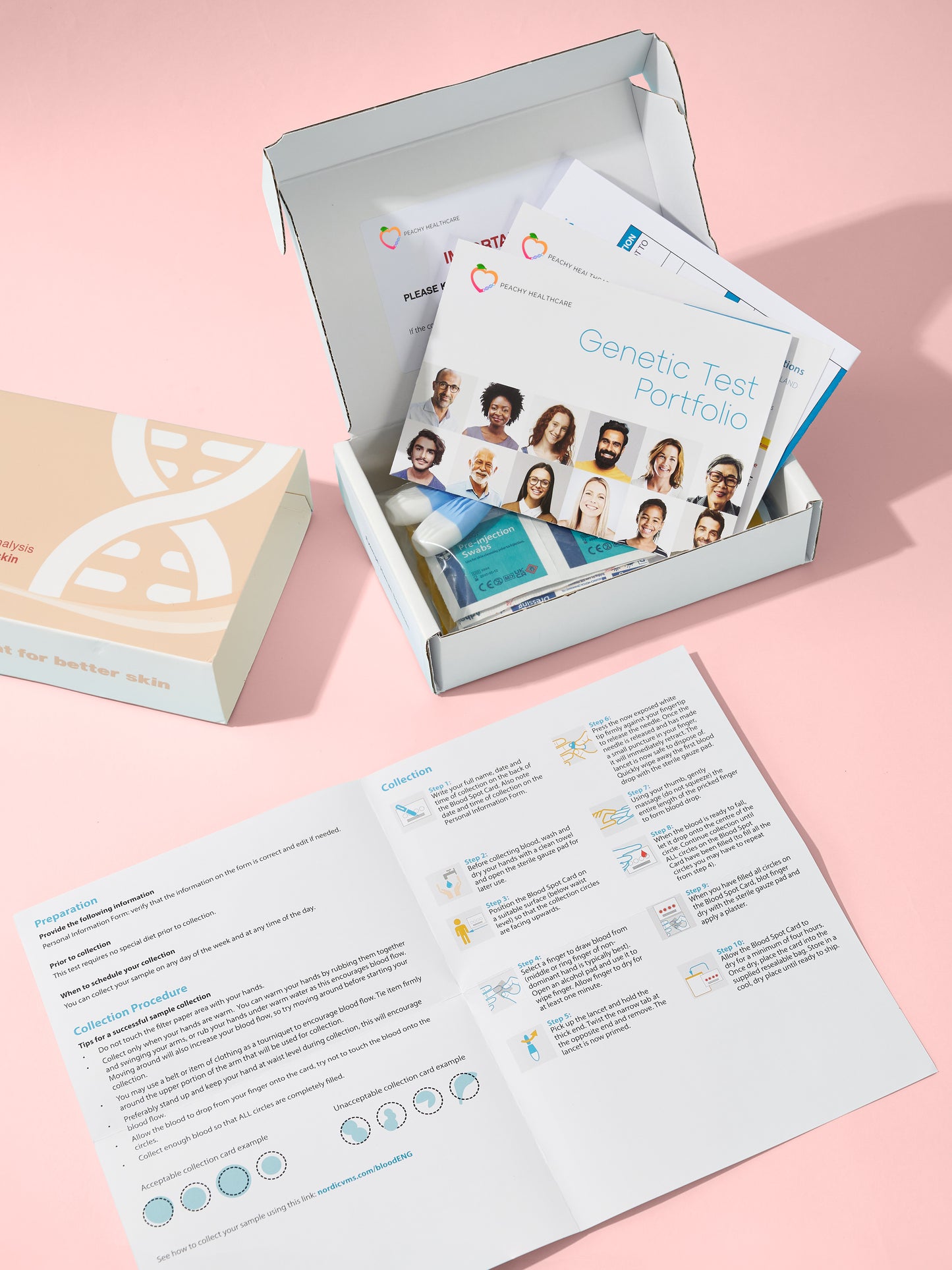 The Skin Kit DNA test opened to show the Genetic Test Portfolio and step-by-step collection guide