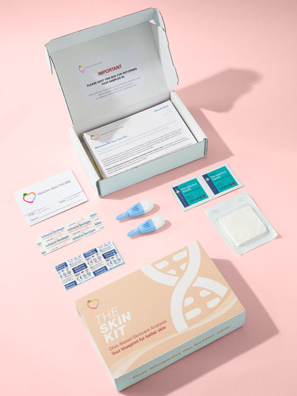 Everything included in The Skin Kit DNA test box laid out: blood-spot card, lancets, swabs, dressings and instructions